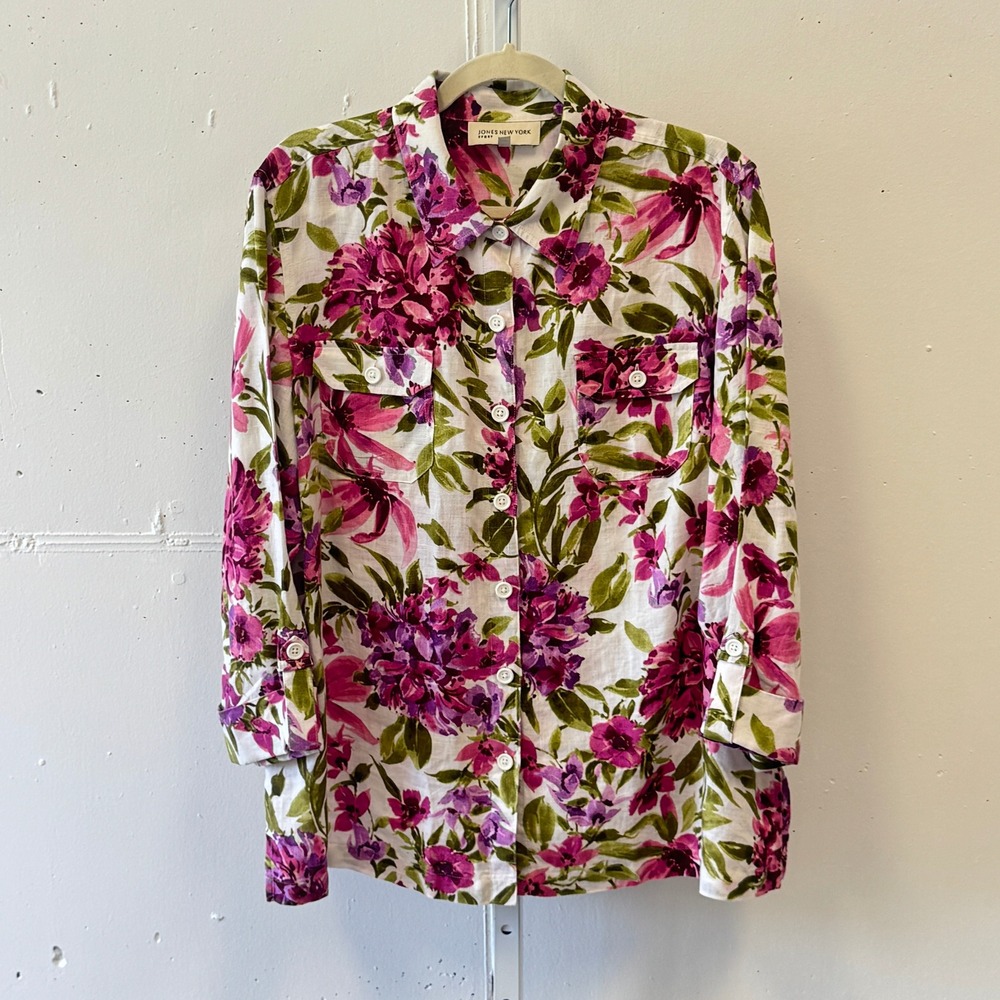 Jones New York Sport Floral Linen Button Down Shirt XL‎ Pink Purple Roll Tab